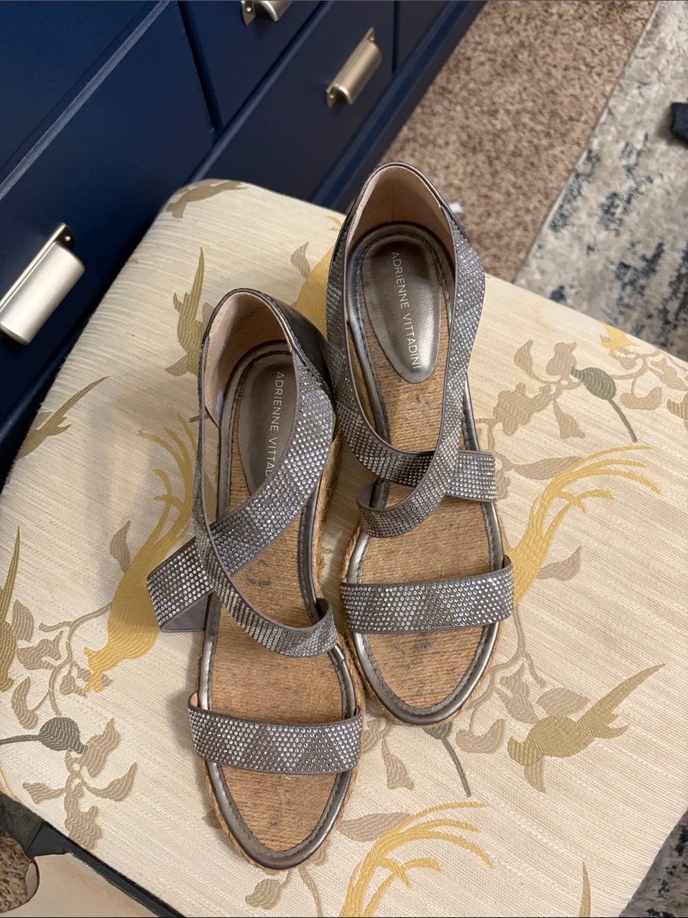 Adrienne Vittadini Pewter Rhinestone Strappy Sandals
